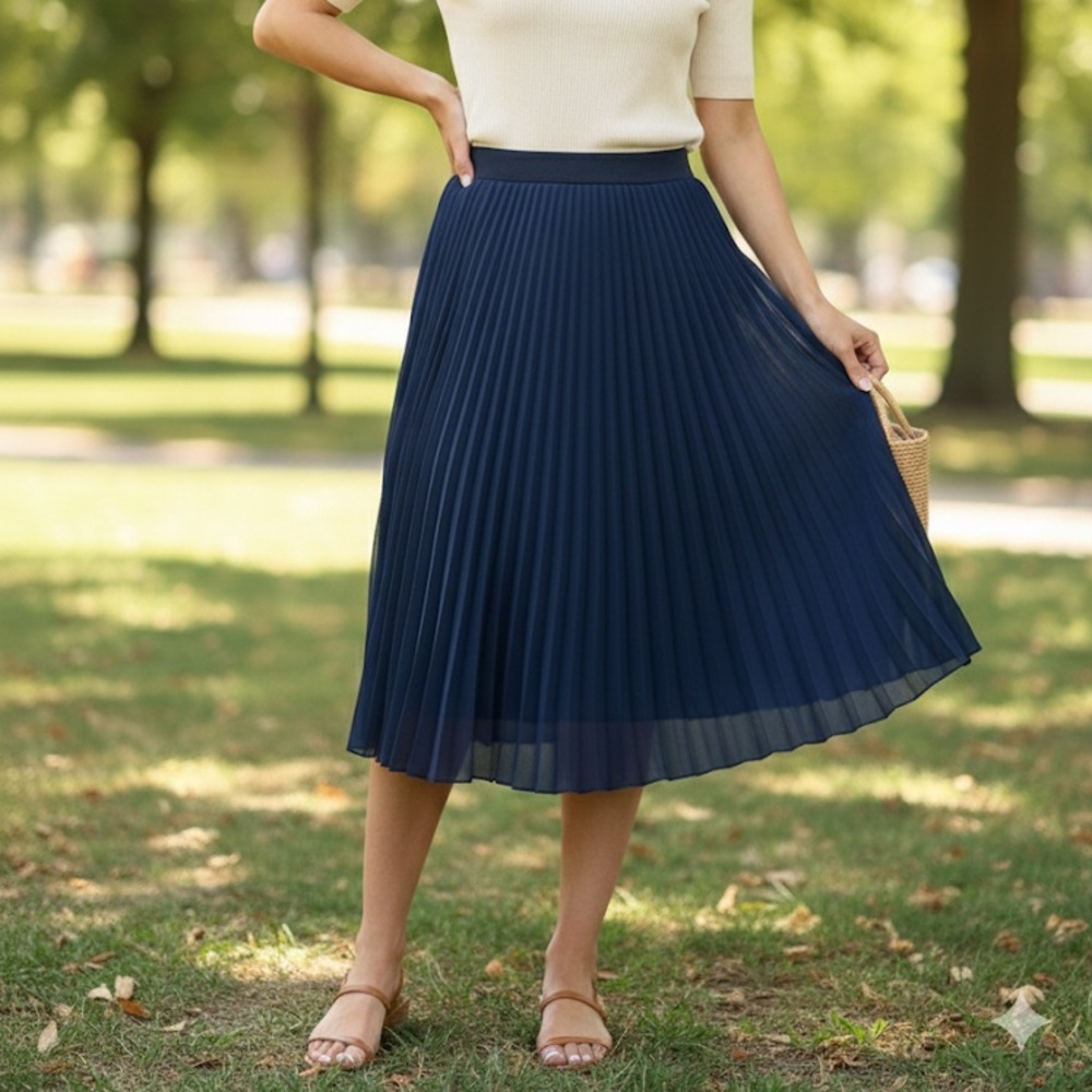 Lapis | Navy A-Line Pleated Skirt | Size M